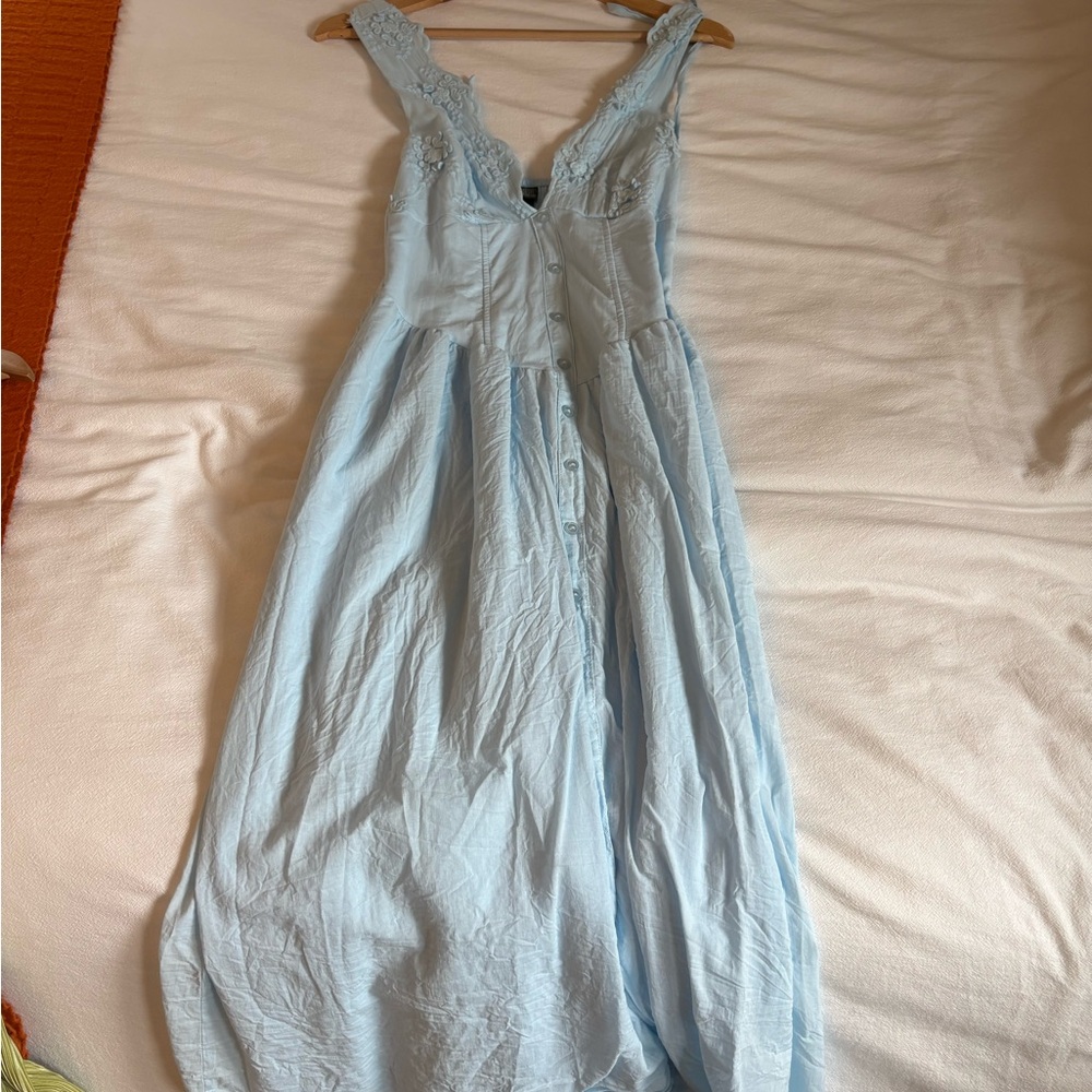Plunge Top Light Blue Lace Trim Maxi Dress